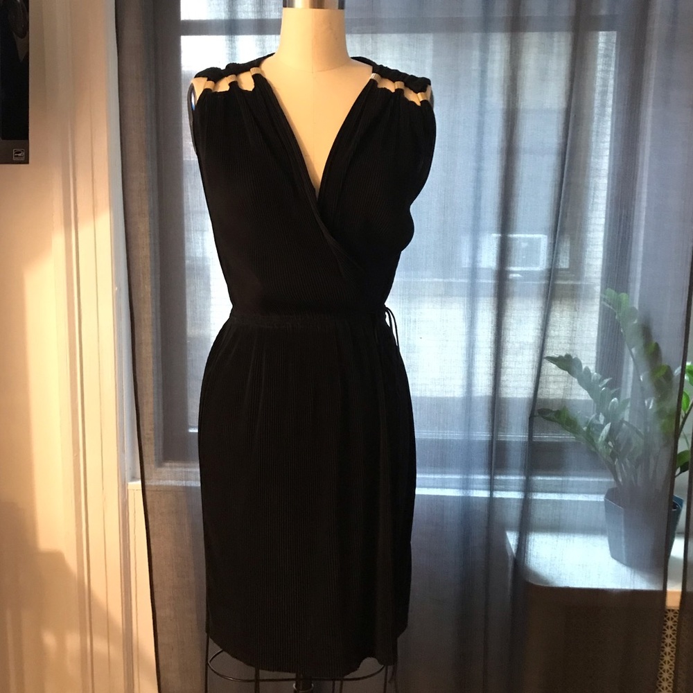 DVF plissé pleated wrap dress with gold accents